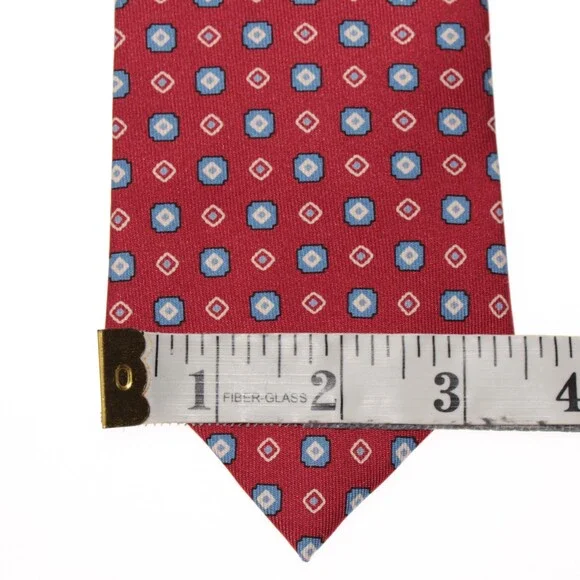 Drake's NWT Neck Tie in Red with Light Blue & White Geometric Pattern 100% Silk